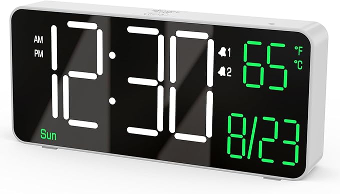 KOSUMOSU Digital Alarm Clock,6.7in Small Digital Clock for Bedroom,Auto Dimming,Date,Week,Seconds or Indoor Temperature,LED Desk Clocks for Living Room, Alarm Clocks for Bedrooms