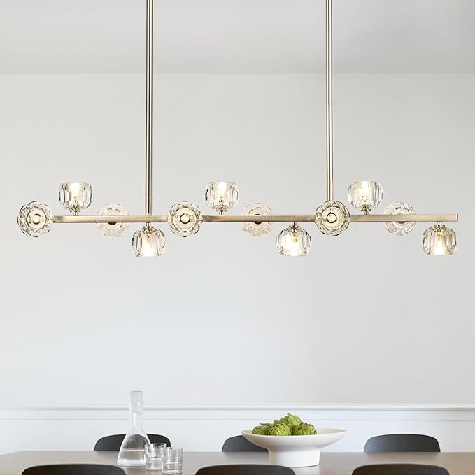 47" Linear Crystal Chandelier, 12 Lights Island Lighting Fixture for Kitchen, Brushed Nickel Modern Chandelier with Crystal Shades for Dining Room