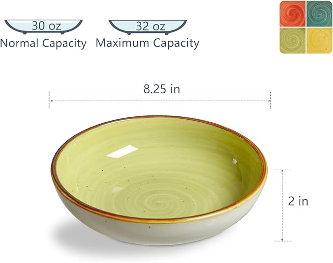 ONEMORE Pasta Bowls 30 Ounce Porcelain Salad Bowls Shallow Bowls for Pasta Set of 4 Shallow Bowl Plates, Microwave & Dishwasher Safe, Assorted Color