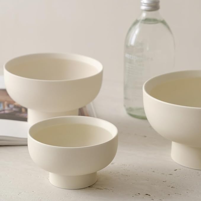 High-foot Fruit Bowl, Ceramic Pedestal Decorative Bowl, Round Bowl for Salad, H3.8" × W6.7" Small Size, 27oz, Matte Crème