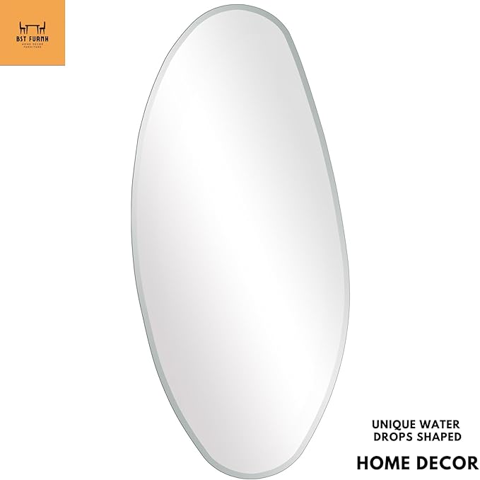 BST FURNH Water Drop Mirror 47x23 Inch - Full Length Frameless Mirror, Unique Irregular Design for Bedroom & Bathroom