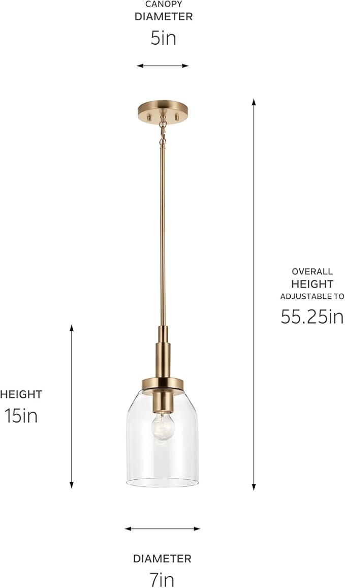 KICHLER Madden 1-Light Mini Pendant with Clear Glass in Champagne Bronze, Sloped Ceiling Compatible, for Game Room, Bar, Island, Billiards Table or Kitchen (15" x 7"), 52725CPZ