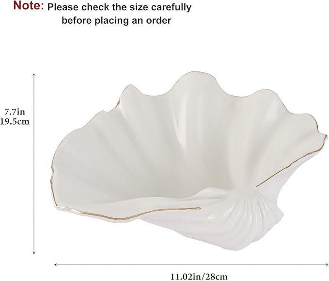 White Large Shell Bowl Decorative – 11" Ceramic Clam Shell Dish for Home Decor, Coastal Large Sea Shell Bowl for Bathroom Vanity, Entryway, or Dresser, Jewelry Holder, Key Tray, Fruit Bowl