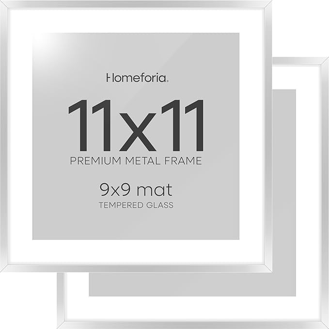 Homeforia 11x11 Picture Frame Silver, High End Metal 11 by 11 Square Frames with Mat 9 x 9 Photo, 11x11 Thin Poster Frame Matted to 9x9 inch Art, Wall Hanging Frame, Tempered Glass, Wall Kit, Set of 2