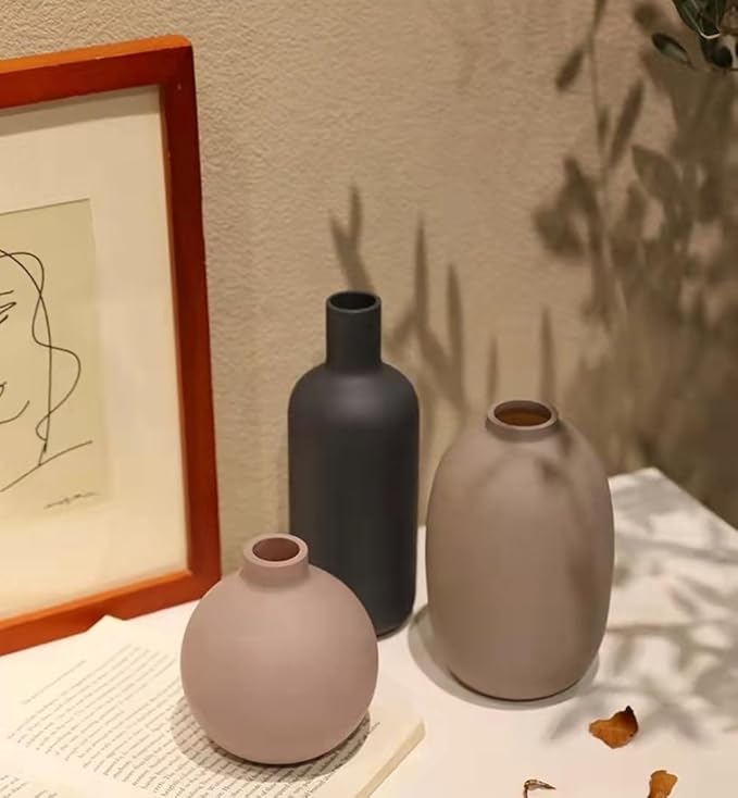 Ceramic Flowers Vase Set of 3, Modern Decorative Flower Vase for Rustic Home Decor, Modern Farmhouse Decor, Living Room Decor, Shelf Decor, and Entryway Décor