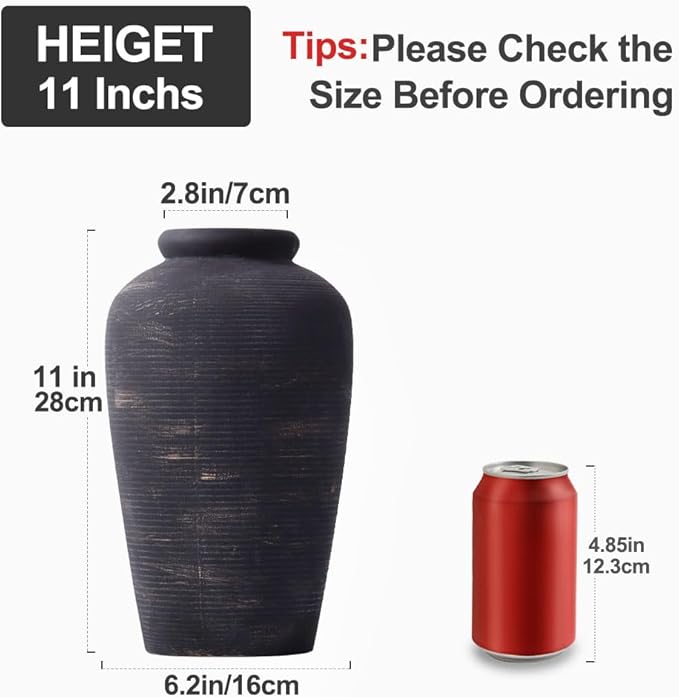 Handmade Black Vase - 11" Tall Large Ceramic Rustic Vase, Black Vintage Decorative Vase, Farmhouse Black Vase for Home Decor, Living Room, Shelf Decor, Enterway, Table, Fireplace Decoration