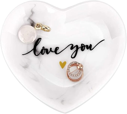 Jewelry Tray Dish, Heart Shaped Ring Dish Decorative Trinket Plate with Words - Love You Romantic Gifts for Her Mom Daughter Sister Best Friend, White Marble