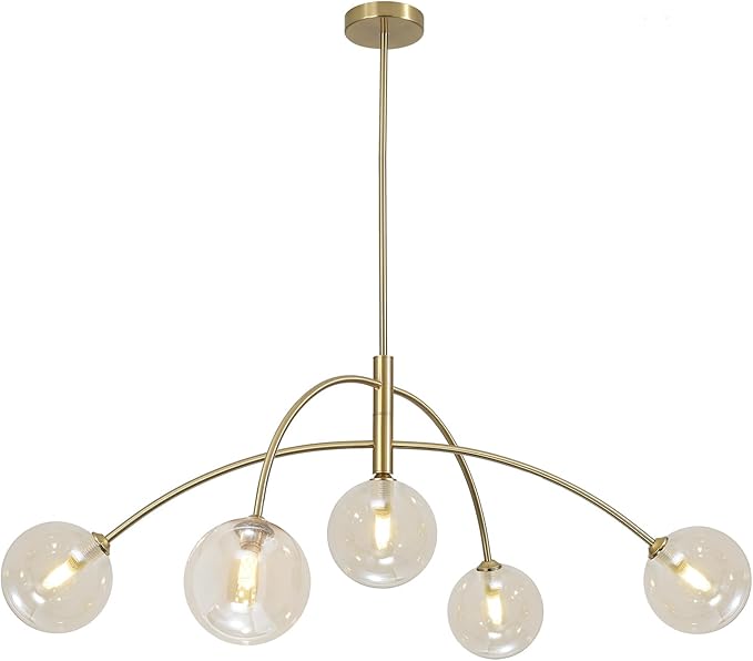Mid Century Modern Sputnik Chandelier 5-Light Gold Glass Ceiling Light Large Brass Chandelier for Dining Room Kitchen Bedroom