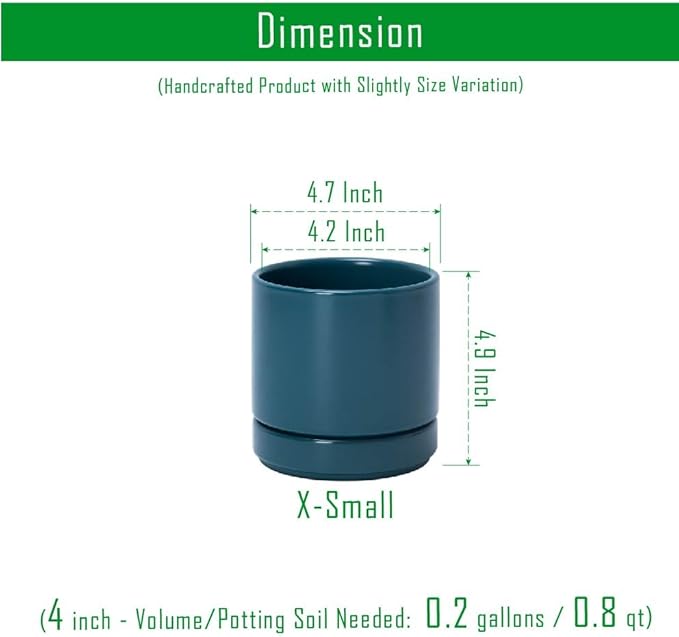 D'vine Dev Set of 4 Small Ceramic Plant Pots, 4.7 Inch Succulent Planter Pot for Plants with Drainage Hole and Saucer, Teal, 94-X-B-9