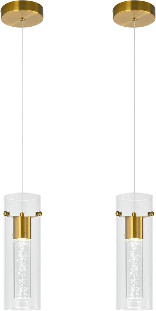 Pendant Ceiling Light Fixture for Kitchen Island, Gold Pendant Light Integrated LED Hanging Light with Crystal Bubble Glass Pendant Light Modern Pendant Lights Kitchen Island (2-Pack)