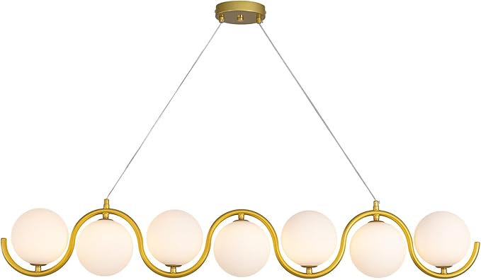 Modern Gold Chandelier 7 Light mid-Century Glass Bubble Chandeliers Globe Pendant Light Linear Dining Room Chandelier for Kitchen Island Living Room,Bedroom Room,Hallway.