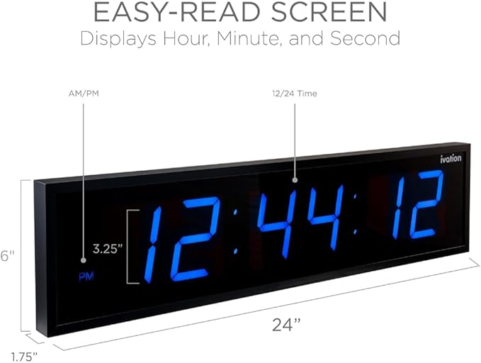 Ivation Oversized 24" Large Digital LED Clock | Big Digital Clock w/Multi-Function Display – Stopwatch, Timer, Alarms, Temp & Date | 6 Brightness Levels, Time Memory & Remote (Blue)