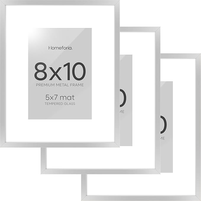 Homeforia Silver Picture Frame 8x10, High End Metal 8 x 10 Photo Frames with Mat 5 by 7 Art, 10x8 Thin Frame Matted to 5x7 inch Print, 10by8 Wall or Tabletop Frames, Tempered Glass, Wall Kit, Set of 3