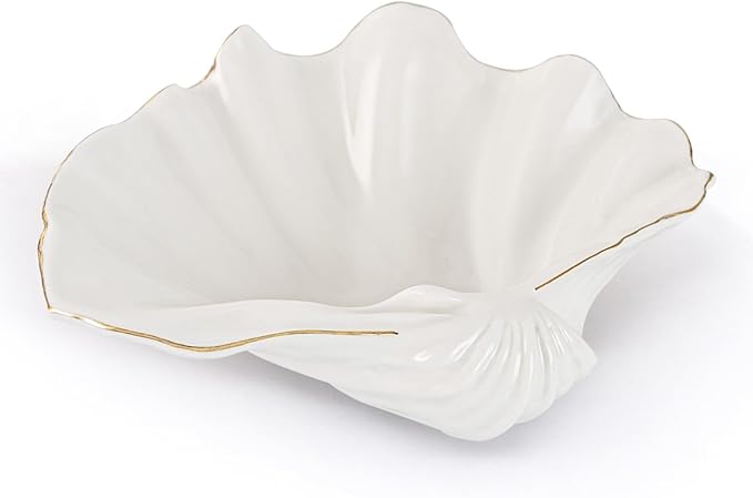 White Large Shell Bowl Decorative – 11" Ceramic Clam Shell Dish for Home Decor, Coastal Large Sea Shell Bowl for Bathroom Vanity, Entryway, or Dresser, Jewelry Holder, Key Tray, Fruit Bowl