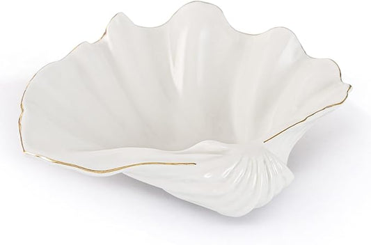 White Large Shell Bowl Decorative – 11" Ceramic Clam Shell Dish for Home Decor, Coastal Large Sea Shell Bowl for Bathroom Vanity, Entryway, or Dresser, Jewelry Holder, Key Tray, Fruit Bowl