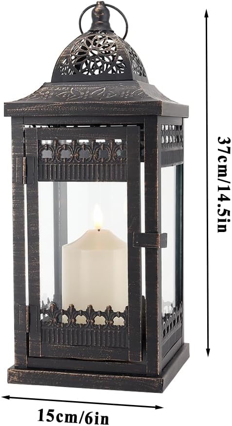 JHY DESIGN Decorative Candle Lanterns 14.5" High Vintage Style Hanging Lantern, Metal Candleholder for Indoor Outdoor, Events, Parties and Weddings（Black with Gold Brush）
