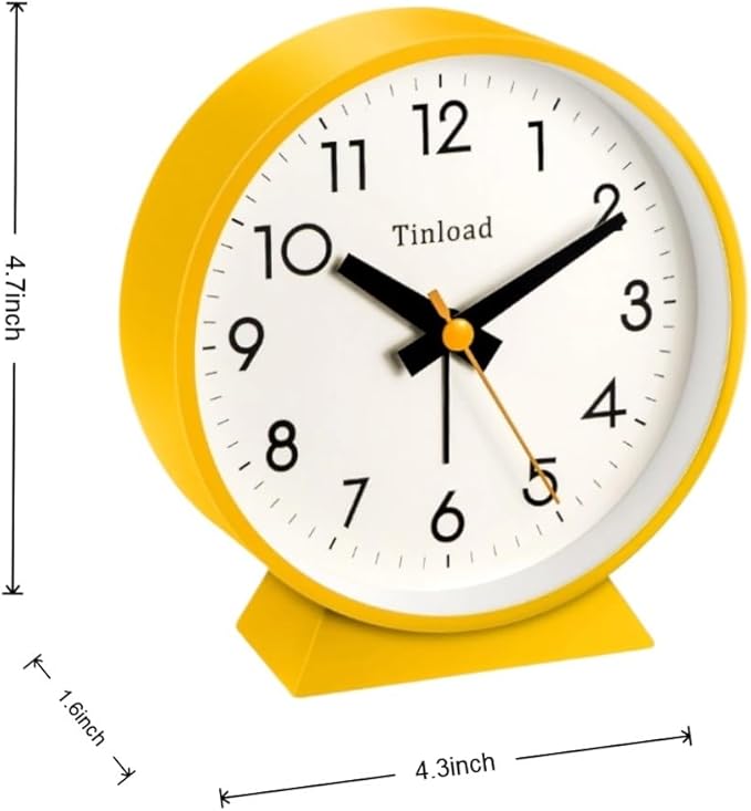 4.5" Battery Operated Antique Retro Analog Alarm Clock, Small Silent Bedside Desk Clock,Lighted on Demand, Battery Operated, Snooze, for Living Room, Bedroom, Bedside, Desk(Yellow)