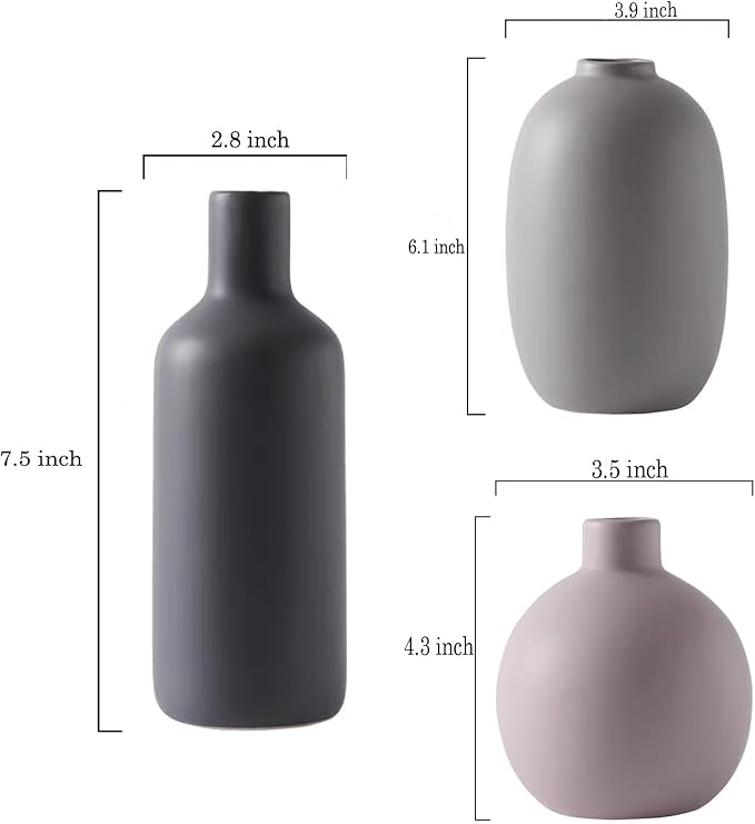 Ceramic Flowers Vase Set of 3, Modern Decorative Flower Vase for Rustic Home Decor, Modern Farmhouse Decor, Living Room Decor, Shelf Decor, and Entryway Décor