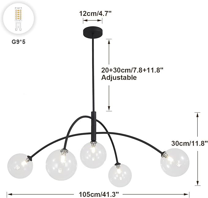 Mid Century Modern Sputnik Chandelier Adjustable 5 Light Pendant Light Fixture Clear Glass Black Ceiling Chandelier for Dining Room Kitchen Bedroom