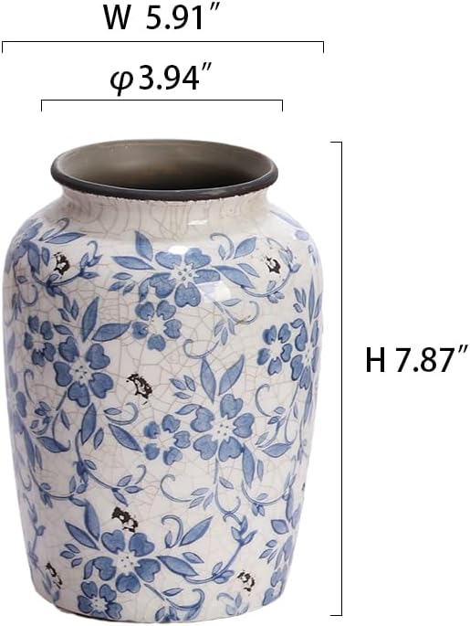 Denique Vintage Blue and White Porcelain Vase Ceramic Vase for Home Decor, Retro Crack Blue Flower Vase Pottery Vase Chinoiserie Decor