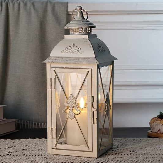 TRIROCKS Elegant Vintage Lantern - Decorative 13.5'' Metal & Glass Candle Holder - Perfect for Indoor & Outdoor Use, Patio, Garden, Parties - Sophisticated White & Gold Brushed Finish