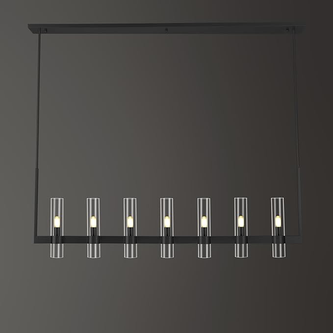 Modern Black Linear Chandelier 59 in,Linear Chandeliers for Dining Room 7 Light, Adjustable Rod Glass Linear Chandelier Over Dining Table, Kitchen Island, Includes Bulbs