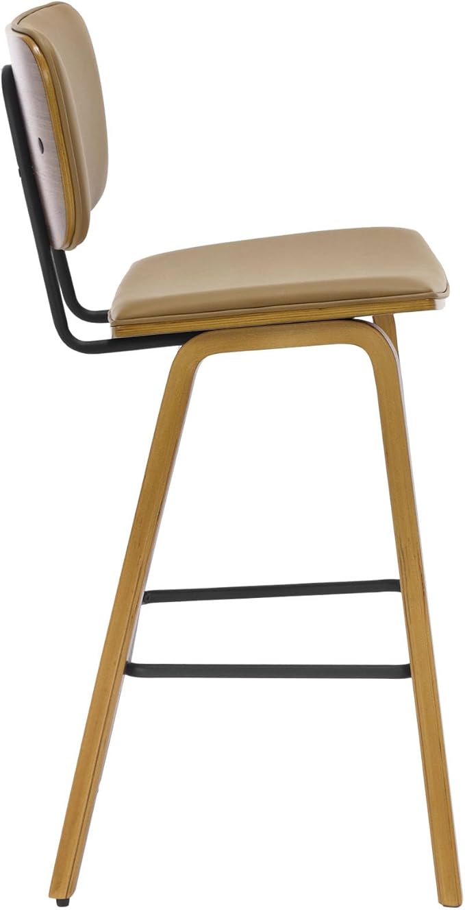 Counter Height Bar Stools Set of 4, PU Leather Upholstered Barstools with Backs, Bent Wood Legs, 26 Inch Seat Height, Mid Century Modern Counter Stools for Kitchen Island, Brown