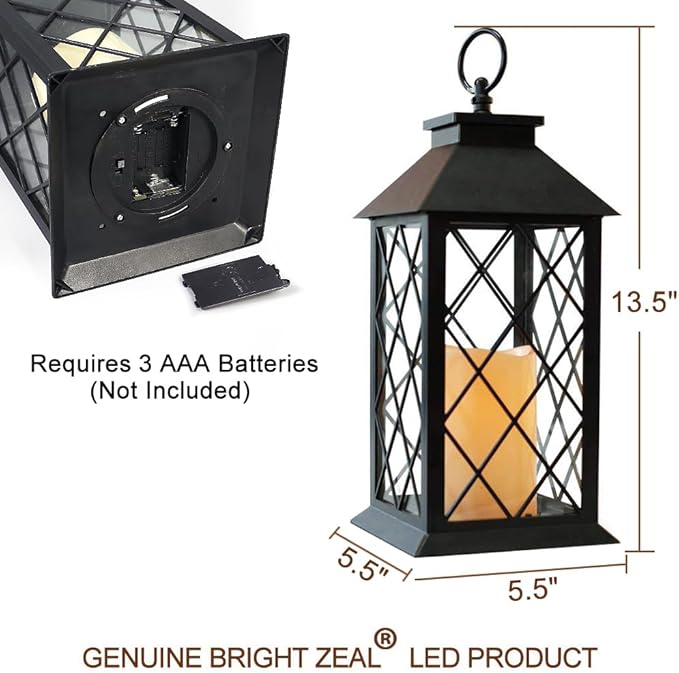 Bright Zeal 2-Pack 13.5" Vintage Candle Lantern with LED Pillar Candle (Black, 6hr Timer) - IP44 Waterproof Battery Powered Decorative Light - Outdoor Patio Hanging Lantern Decorative Tabletop Light