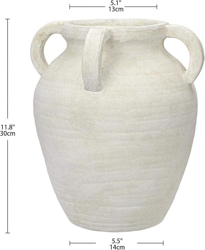 Handmade Flower Vase, 12" Tall Terracotta Vase, White Vintage Ceramic vase, Rustic Antique Decor with 3 Handles, Wide Mouth, Matte Finish for Home Office Resto Café Décor