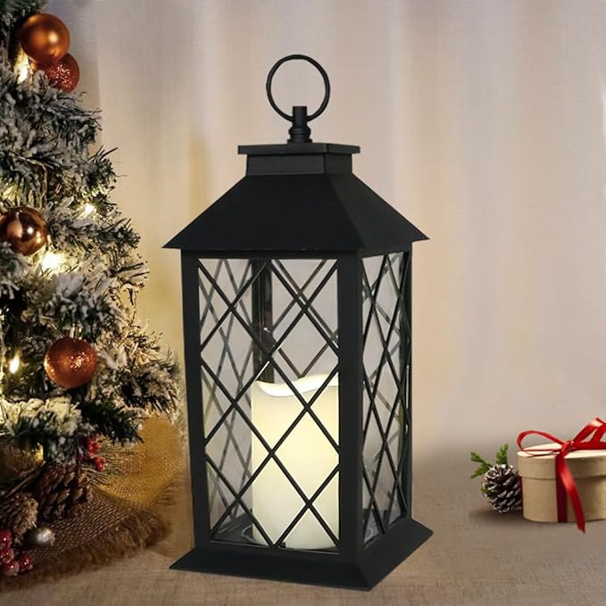 Bright Zeal 2-Pack 13.5" Vintage Candle Lantern with LED Pillar Light (Black, 6hr Timer) - IP44 Waterproof Battery Powered Decorative Light - Outdoor Hanging Lantern Decorative Indoor Candle Holder