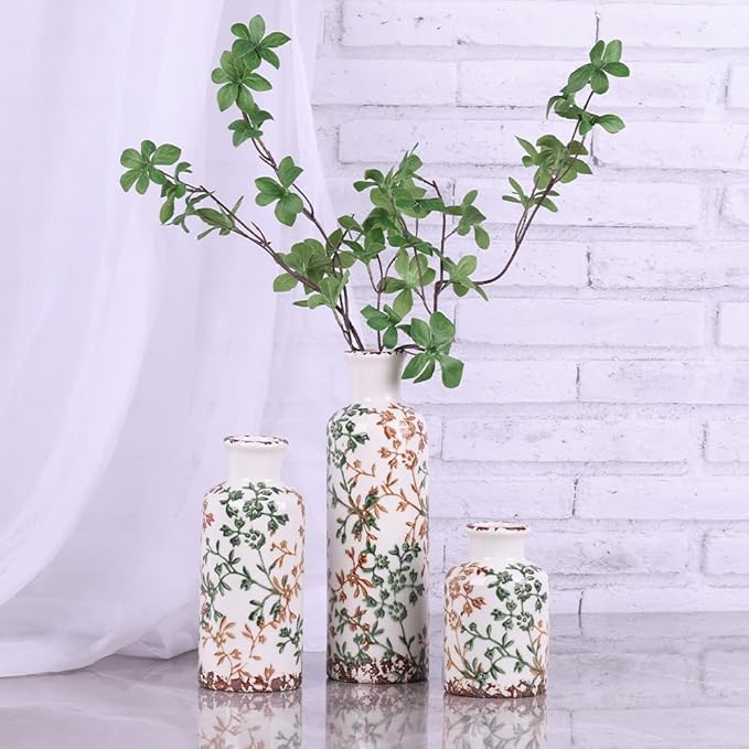 Farmhouse Vase for Home Decor, Ceramic vase Set of 3. Vintage Flower Vase Suitable for Home Decor, Living Room, Shelf Decor, Dining Table Decor (Green and Orange)