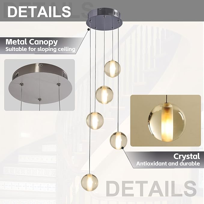 5 Lights Nickel Foyer Chandeliers for High Ceilings Raindrop Crystal Ball Staircase Chandelier Dimmable LED Entryway Pendant Light Hanging for Dining Room Hallway, Include Bulbs
