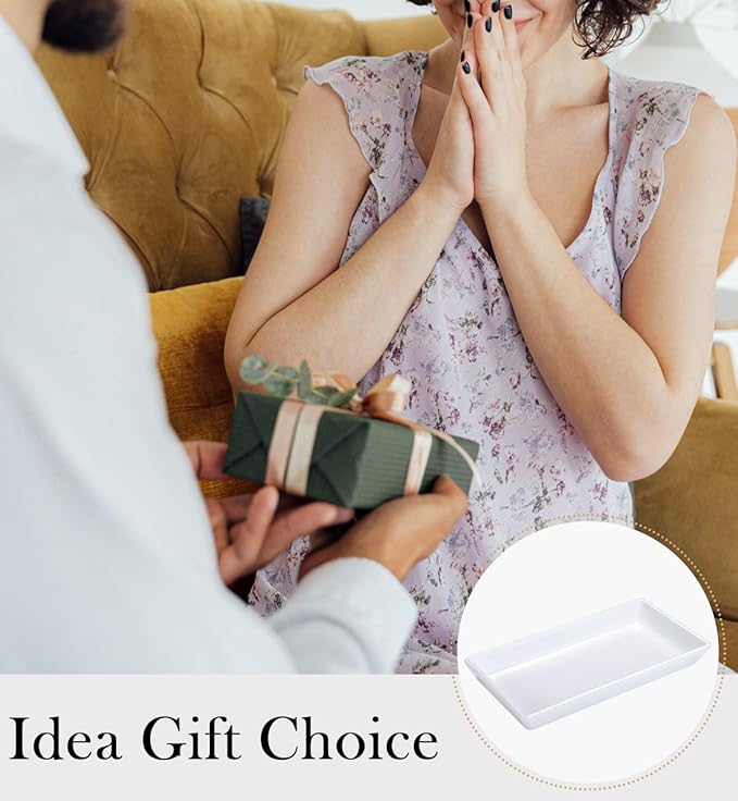 Jewelry Tray, Small Rectangle Ceramic Vanity Tray Jewelry Dish, Trinket Perfume Tray for Cosmetics, Rings, Bathroom Kitchen Soap, White