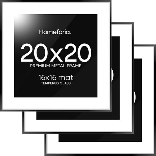 Homeforia 20x20 Picture Frame Black, High End Metal 20x20 Square Poster Frame Matted to 16x16 Print, 20 x 20 Black Frames with Mat 16 x 16 Photo, 20by20 Thin Frames, Tempered Glass, Wall Kit, Set of 3