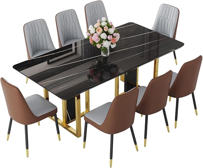 TesNus 79" Black Dining Table Set for 8 with Chairs,Large Faux Marble Kitchen Table and Chairs Set Rectangular 9 Piece Dining Room Set with Gold Metal Legs,Easy Assemble,Stable Base