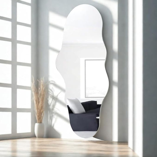 Unique 47X23 Inch Full Length Wall Mounted Mirror Tall Mirror Full Body Floor Length Mirror Dressing Body Mirror Frameless Mirror for Bedroom Bathroom Living Room, Irregular Shape Mirror, White