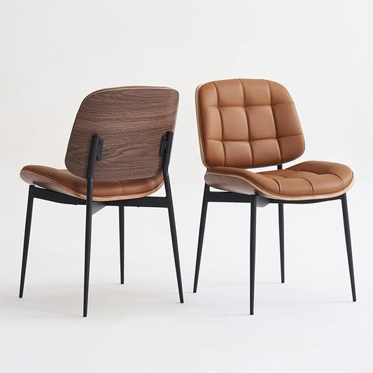 Mid Century Modern Dining Chairs with Walnut Grain Back, Brown Faux Leather Dining Room Chairs Set of 2, Checkered Soft Cushion Kitchen Chairs with Adjustable Foot Pads