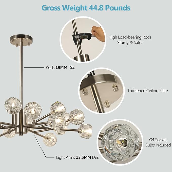 Sputnik Chandeliers 35.4", Modern Crystal Chandelier 18 Lights for Dining Room, Brushed Nickel Sputnik Ceiling Chandelier Light Fixture for Bedroom