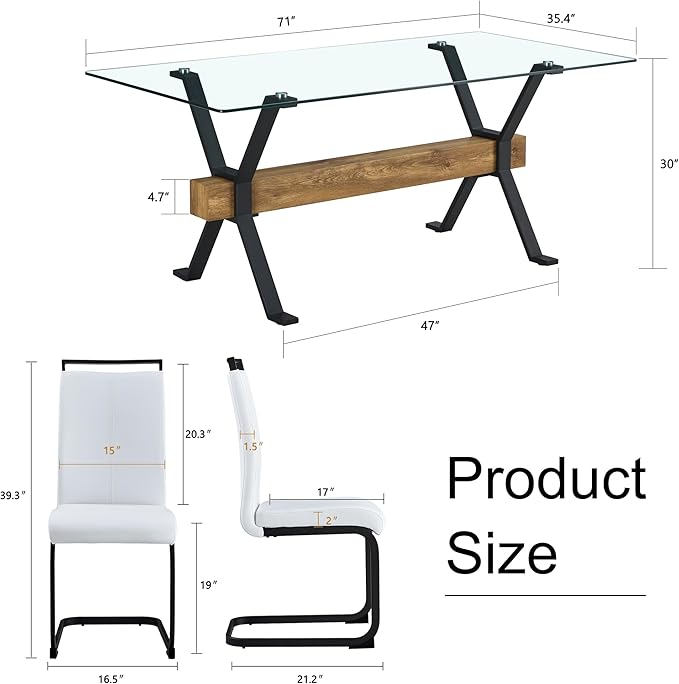 5 Piece Glass Dining Table Set, Kitchen Table Chairs Set for 4, 71'' Dining Table with 0.4" Tempered Glass Tabletop with Plated Metal Legs and MDF Crossbar, 4 PU Chairs for Dining Room, Kitchen.