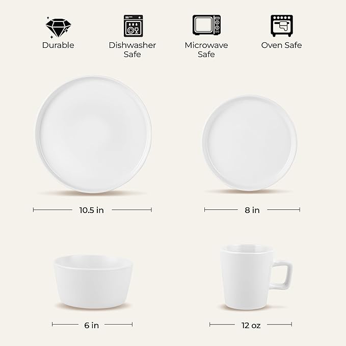 Zulay Kitchen Terra Stoneware 32-Piece Dinnerware Set, Artisanal Ceramic Plates and Bowls Set Crafted at 2300℉ - Service for 8, Frost White