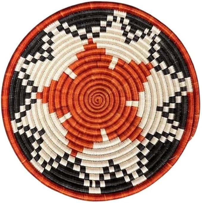 Handwoven African Basket Handmade sisal Fruit Bowl Wall Hanging decorative Baskets for Home Living Room Kitchen Centerpiece Zen Designs Arts and Crafts (Red Black Natural, 12in diameter)