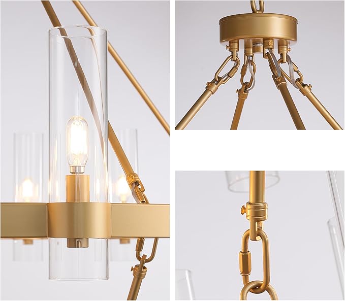 48 Inch Gold Chandelier, Wagon Wheel Chandelier with Glass Shade, 16-Lights Large Round Modern Farmhouse High Ceiling Pendant Lighting Fixture for Dining Room, Living Room, Kitchen, Foyer