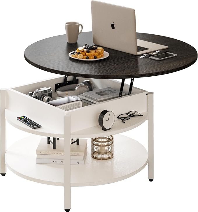 FABATO Round Lift Top Coffee Table with Storage and Hidden Compartment, 26.77'' Farmhouse Coffee Table for Living Room Reception Room, 2 Tier Small Round Coffee Table Circle Dining Table, White