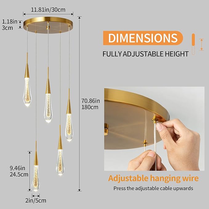 LMQNINE Kitchen Light Fixtures Ceiling Dimmable LED Modern Gold Pendant Light Mini Teardrop Crystal Pendant Light for Kitchen Island Bedroom Hallway Entryway (5-Light)