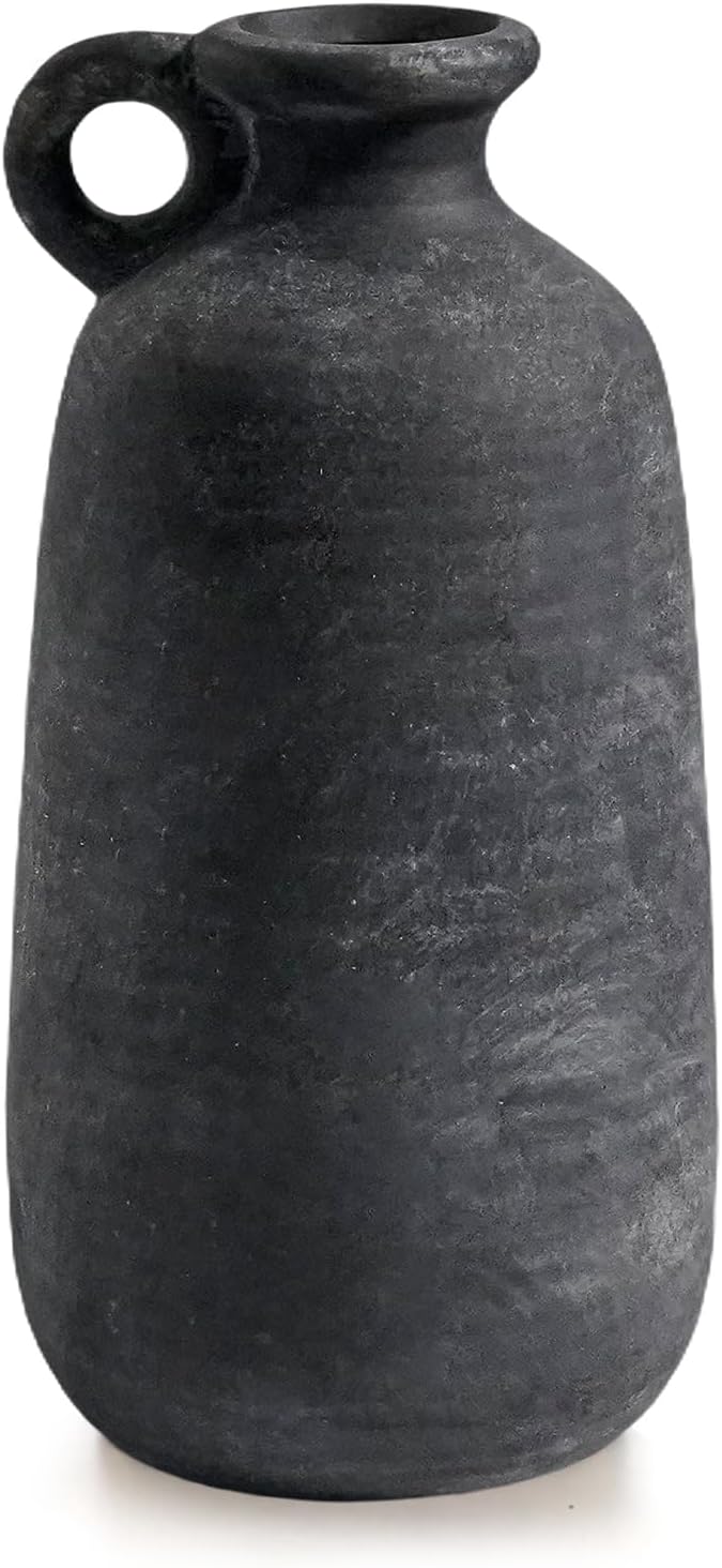 Sunddo Rustic Farmhouse Vase with Handle, 10 inch Black Ceramic Flower Vase, Terracotta Clay Stone Pottery, Black Kitchen Decor, Entryway Shelf Living Room Table Decor
