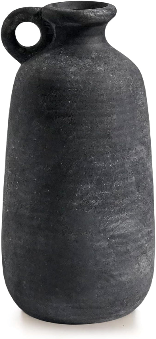 Sunddo Rustic Farmhouse Vase with Handle, 10 inch Black Ceramic Flower Vase, Terracotta Clay Stone Pottery, Black Kitchen Decor, Entryway Shelf Living Room Table Decor