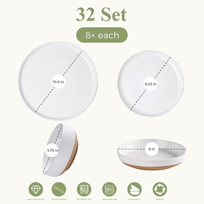 AmorArc 32 Pieces Ceramic Dinnerware Sets for 8, Handpainted Plates and Bowls Set with Rustic Terracotta Underside, Scratch Resistant Stoneware Dishes Set, Dishwasher & Microwave Safe, White