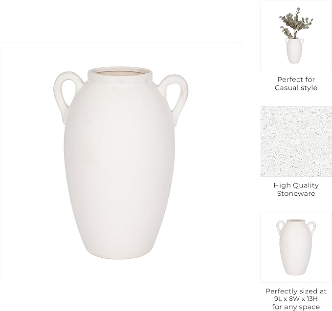Sagebrook Home Stoneware Vase with Handles Ceramic Rustic for Flowers - Home Decor for Living Room, Bedroom, Office - Textured Pottery Accent for Floral Arrangements - 13" White