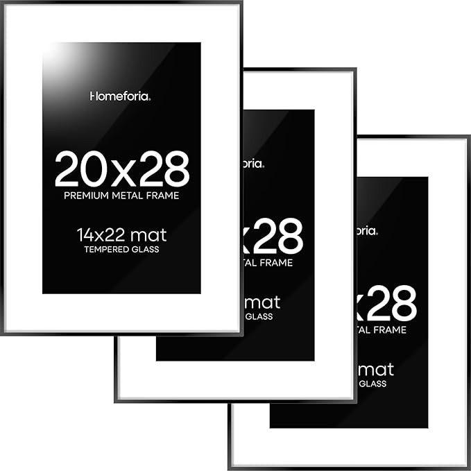 Homeforia 20 x 28 Picture Frame Black, High End Metal 20x28 Poster Frames with Mat 14x22 for Photo, 20 x 28 Black Frame Matted to 14 x 22 Print, 28x20 Hanging Frame, Tempered Glass, Wall Kit, Set of 3