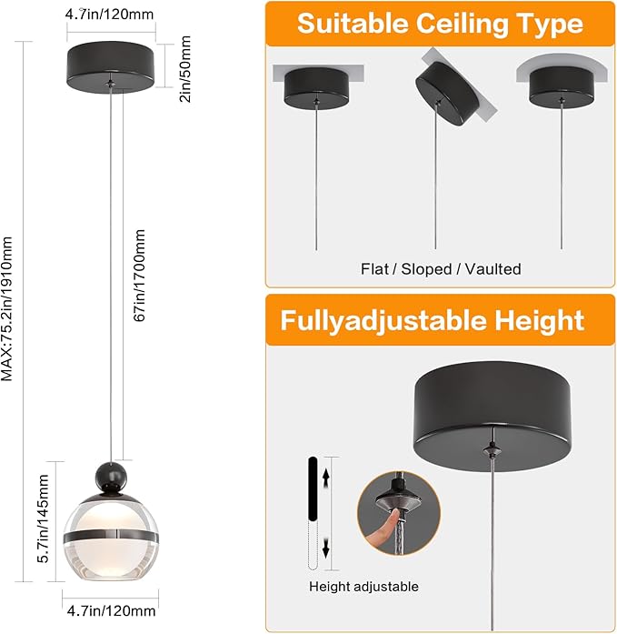 Modern Black Pendant Light Globe Hanging Kitchen Light Fixtures Dimmable LED Pendant Lights Kitchen Island for Dining Room Bar Living Room Bedroom Bathroom 1-Light
